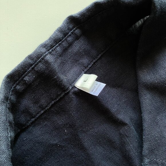 Women’s 100% Linen Navy Blue Long Shirt Dress Sz L Button Front Midi Side Pocket - Picture 4 of 10